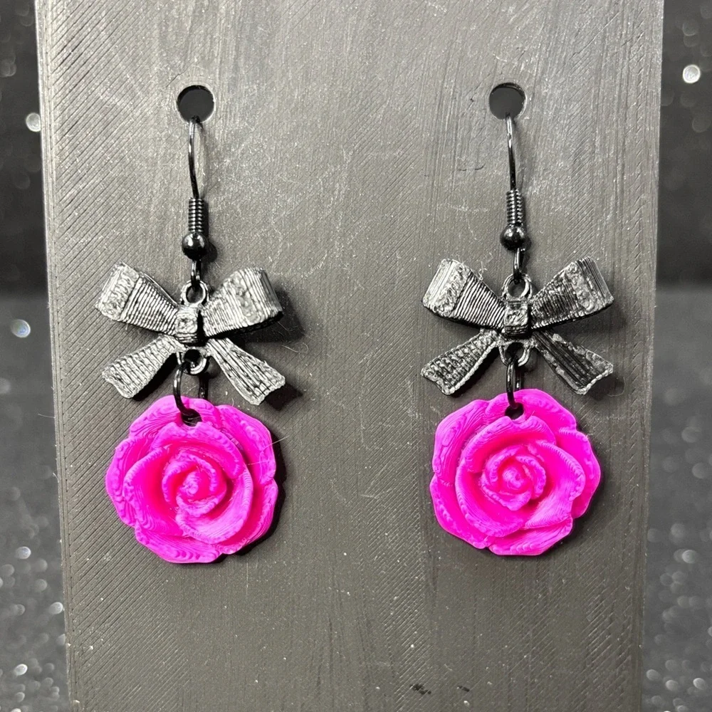 Pink Rose and Black Bow Earrings